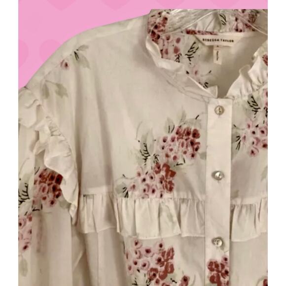 Rebecca Taylor Maia Ivory & Pink Floral Ruffled Victorian Cotton Blouse Sz 10 L - Picture 9 of 12